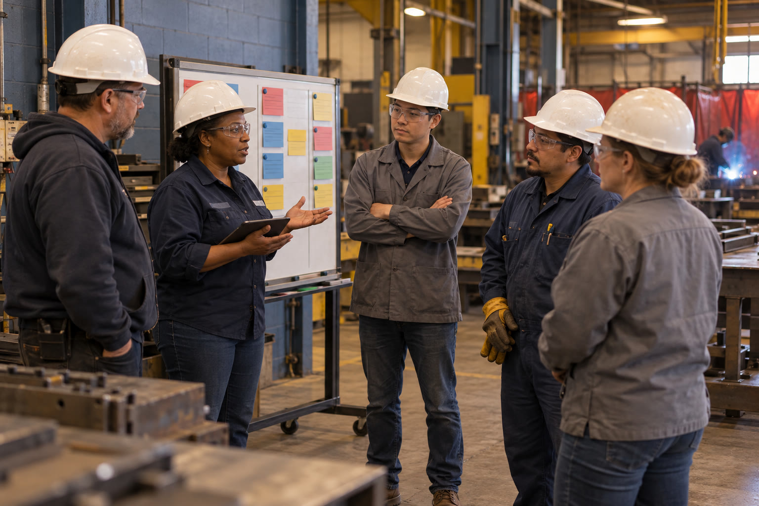 Representative manufacturing team conducting a tiered daily management meeting