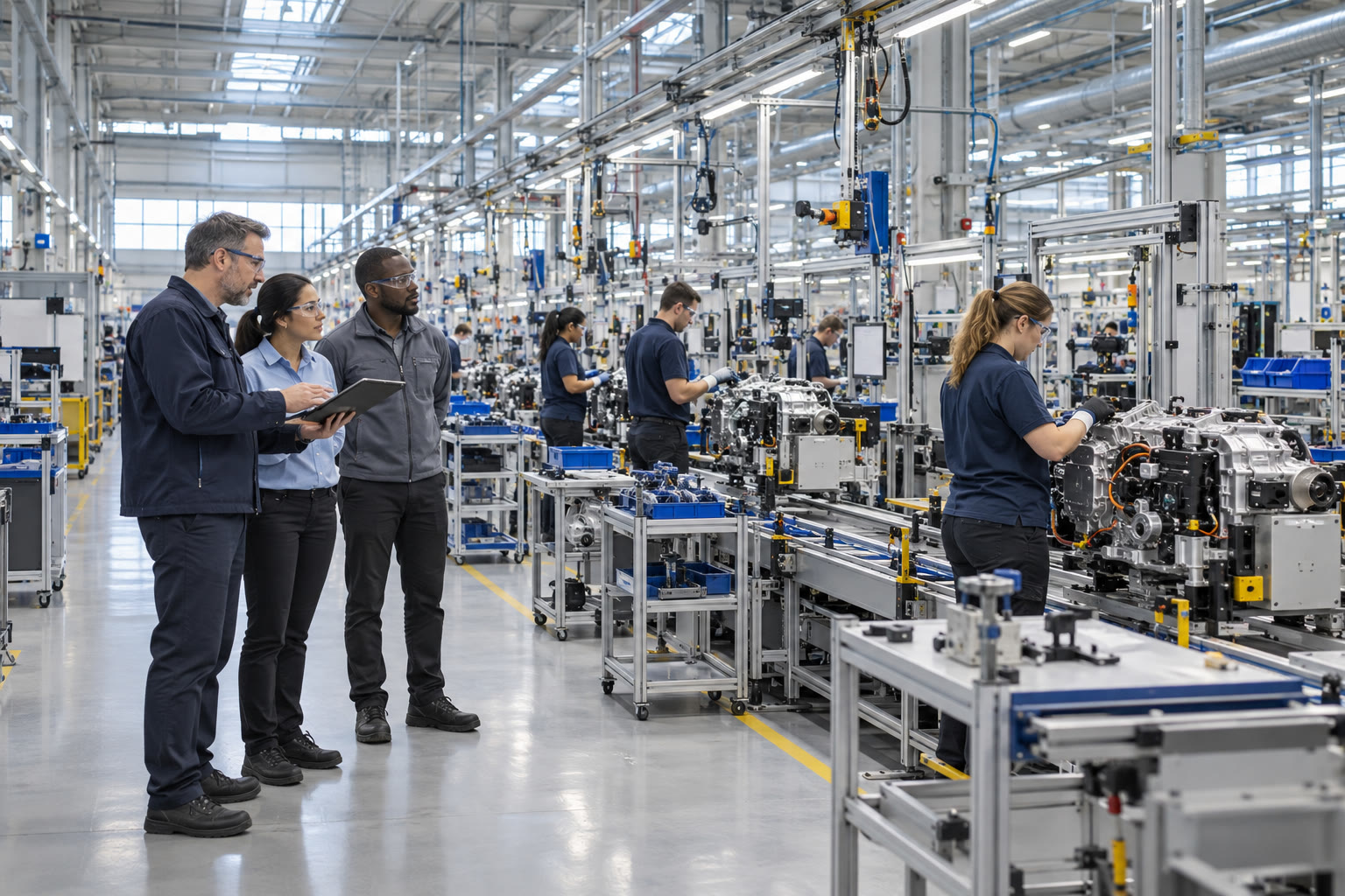 Representative discrete assembly operation with a team reviewing production flow