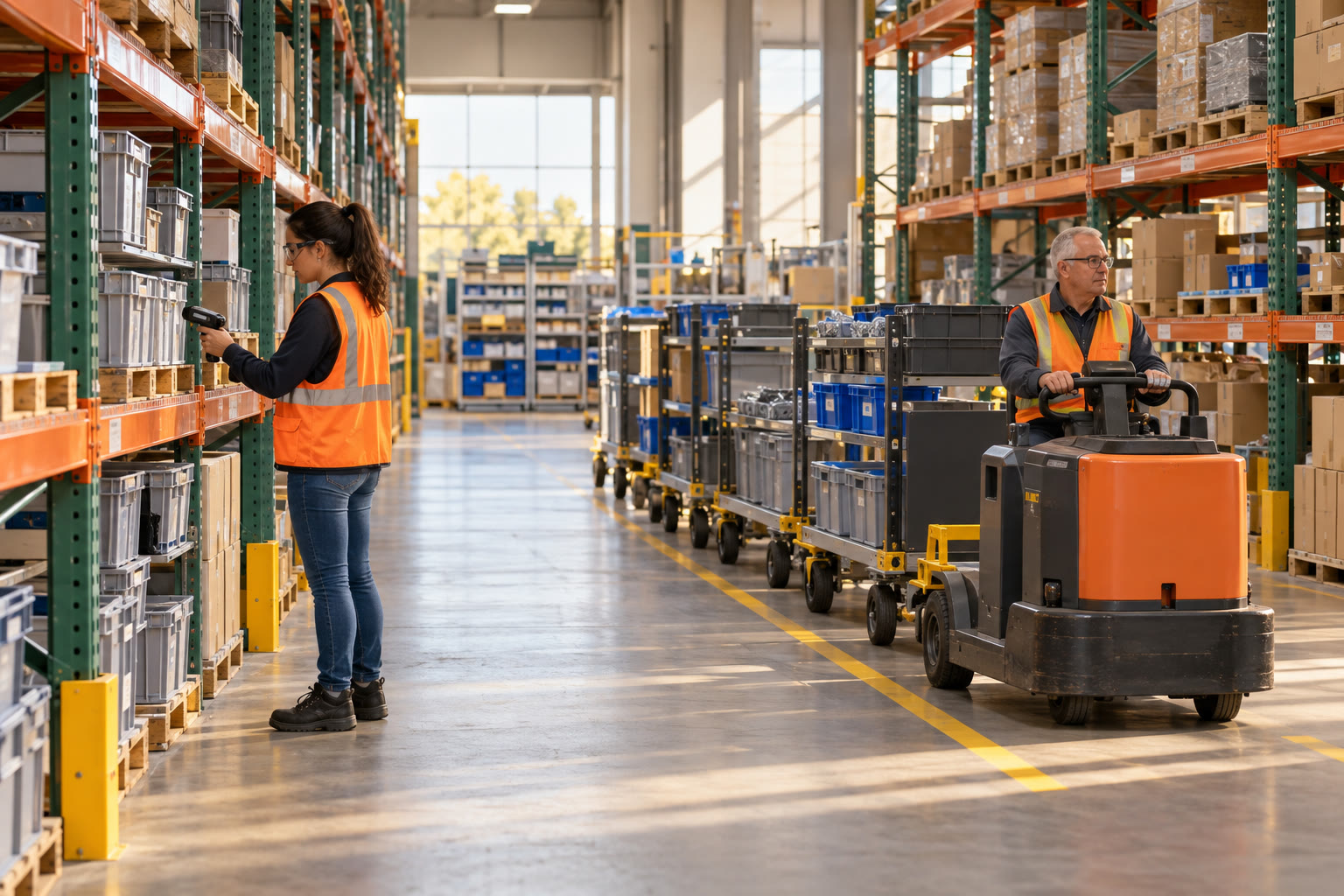Representative organized warehouse with fixed-route material replenishment